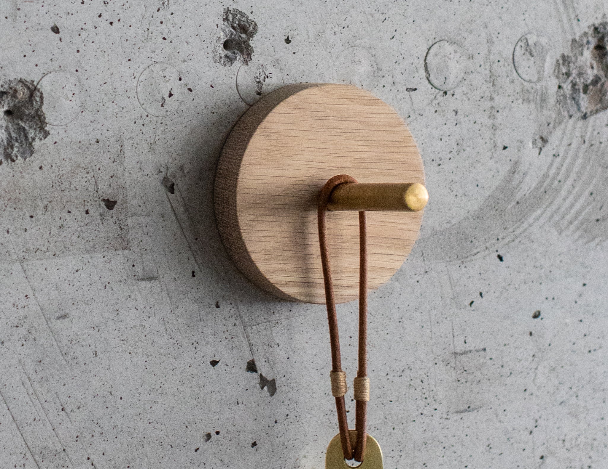 close up of a light oak wood disc with a brass peg.  a brass shoe horn  hanging from the peg with a leather loop.