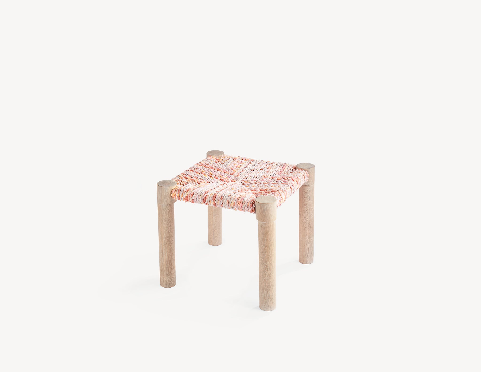wooden stool with pink woven seat
